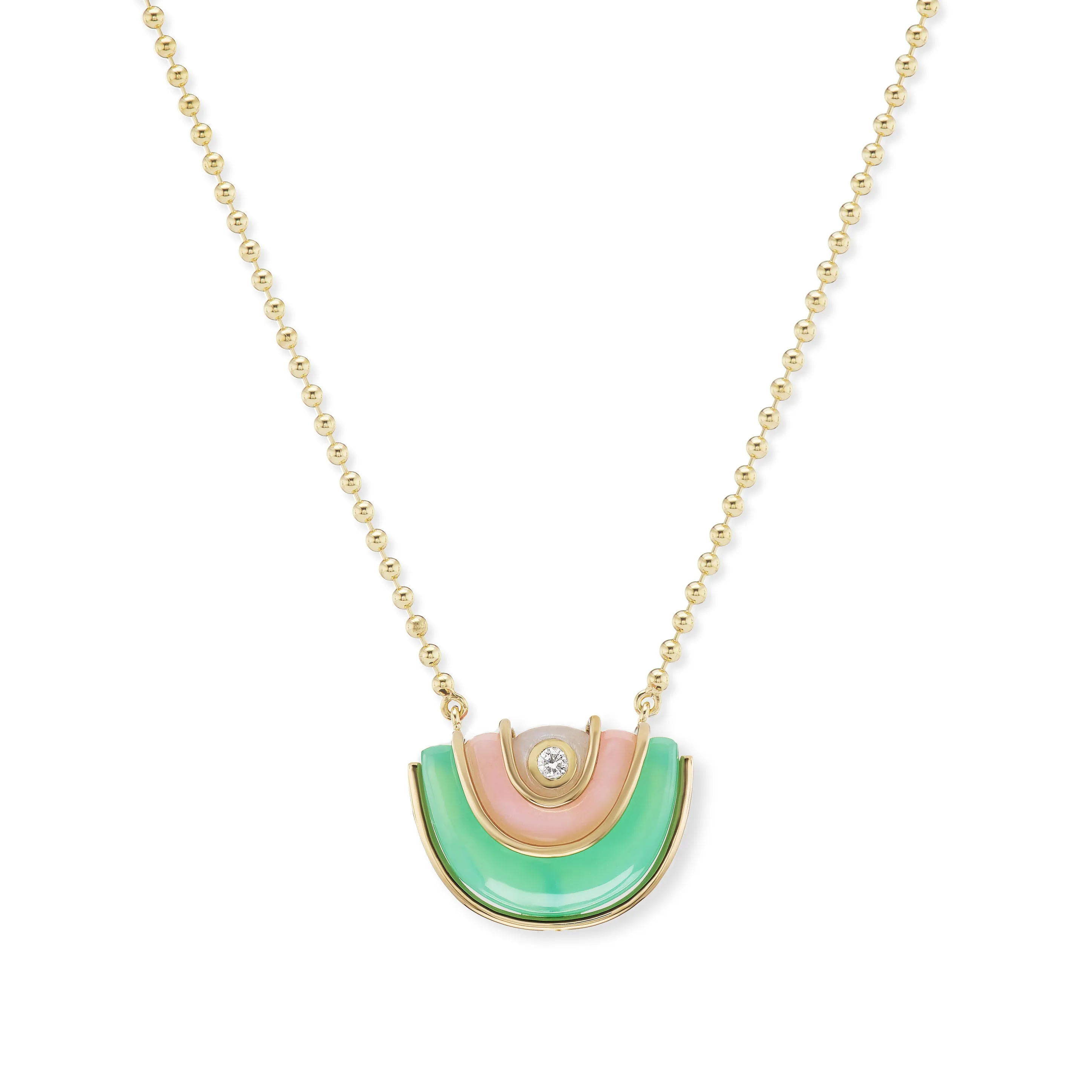 Small Marianne Pendant with Chrysoprase, Pink Opal, and Rainbow Moonstone
