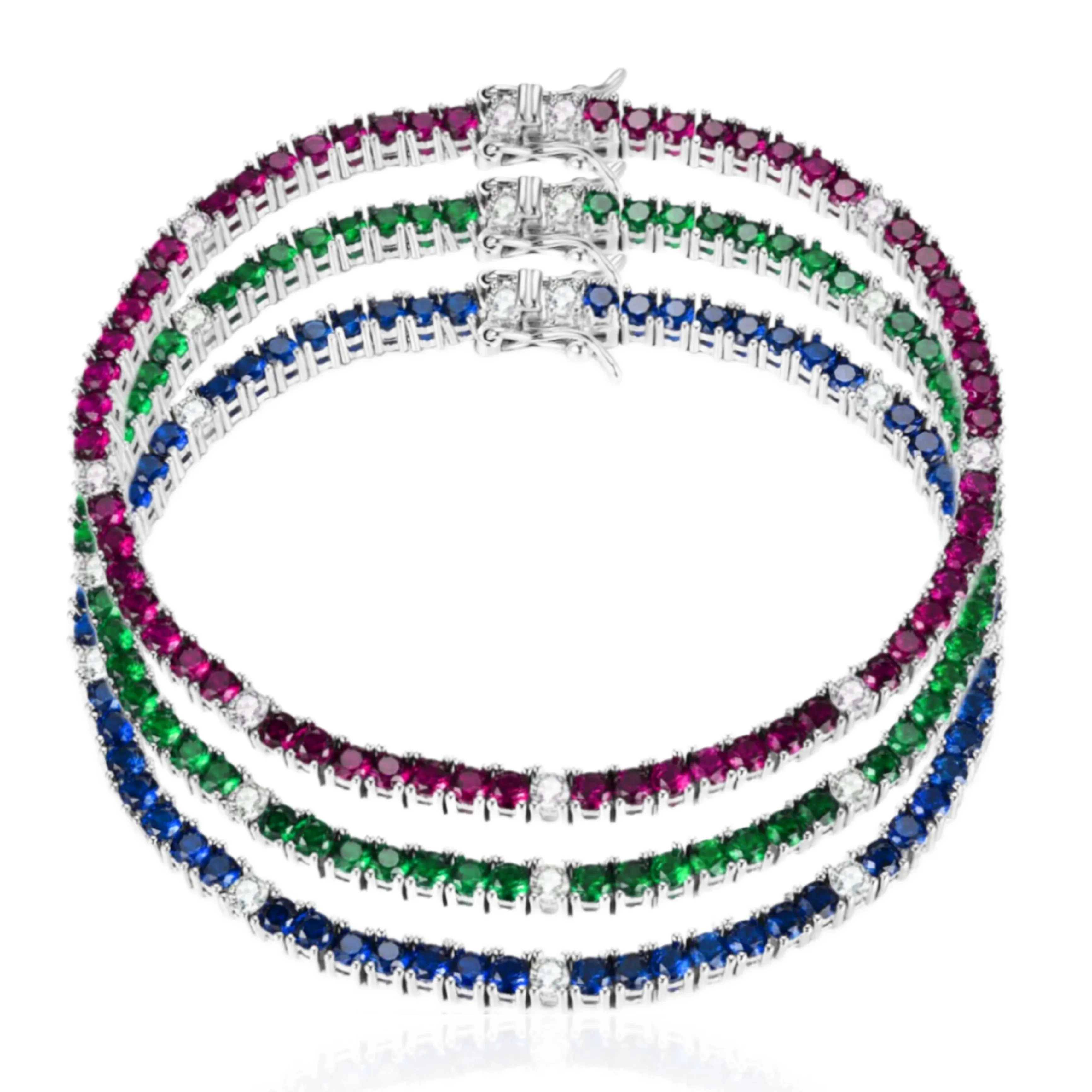 Sterling Silver Ruby, Emerald, and Sapphire 3.5mm Colored CZ Stone Bracelets