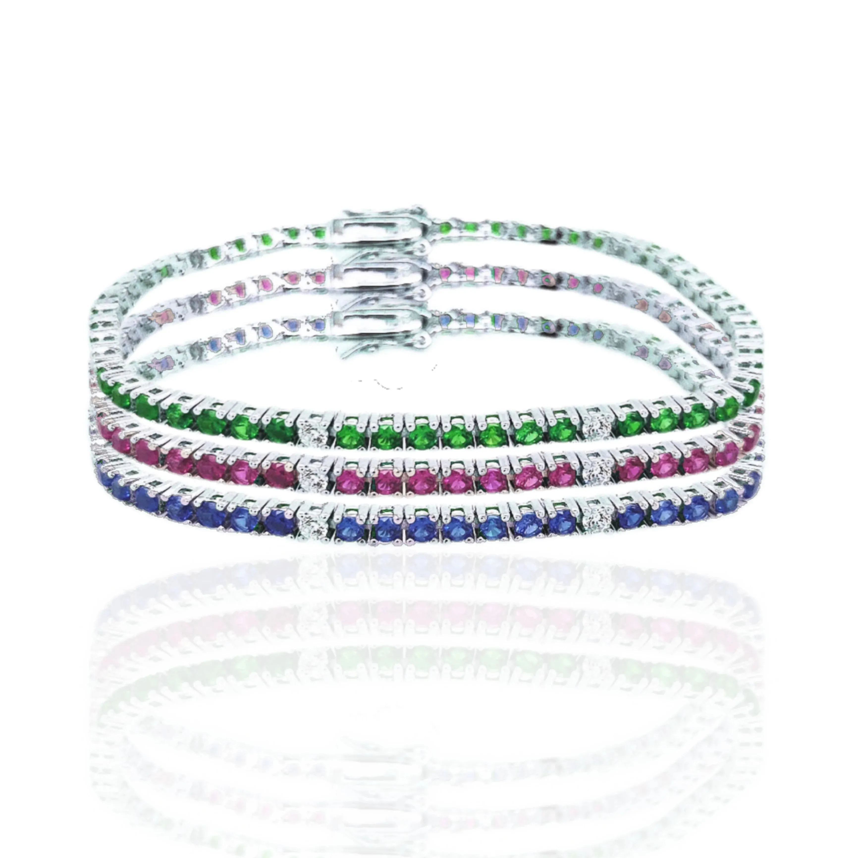 Sterling Silver Ruby, Emerald, and Sapphire 3.5mm Colored CZ Stone Bracelets