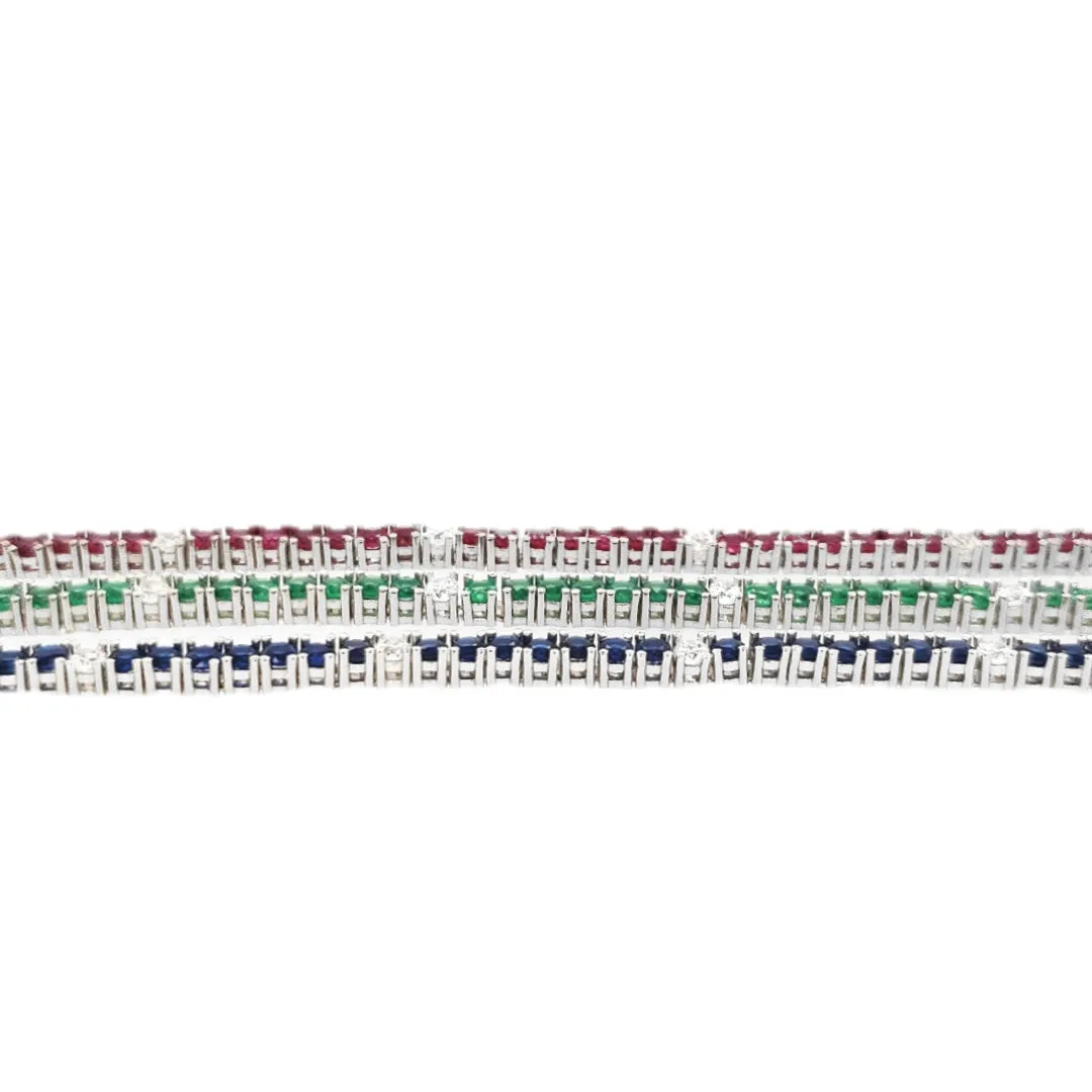 Sterling Silver Ruby, Emerald, and Sapphire Colored CZ Stone Adjustable Tennis Bracelets