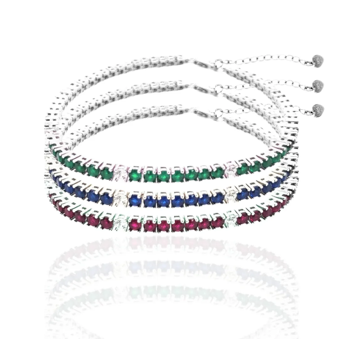 Sterling Silver Ruby, Emerald, and Sapphire Colored CZ Stone Adjustable Tennis Bracelets