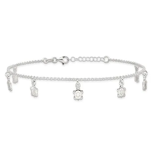 Sterling Silver Turtle 9" Anklet with 1" Extender