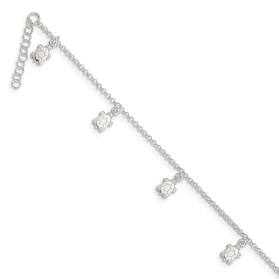 Sterling Silver Turtle 9" Anklet with 1" Extender