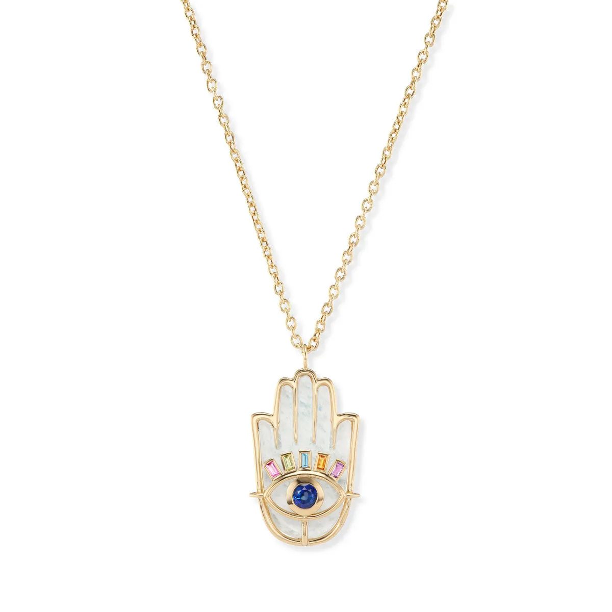 Stone Hamsa Pendant with Rainbow Moonstone, Blue Sapphire, and Multi-Colored Sapphires