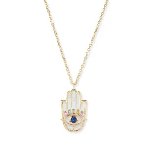 Stone Hamsa Pendant with Rainbow Moonstone, Blue Sapphire, and Multi-Colored Sapphires