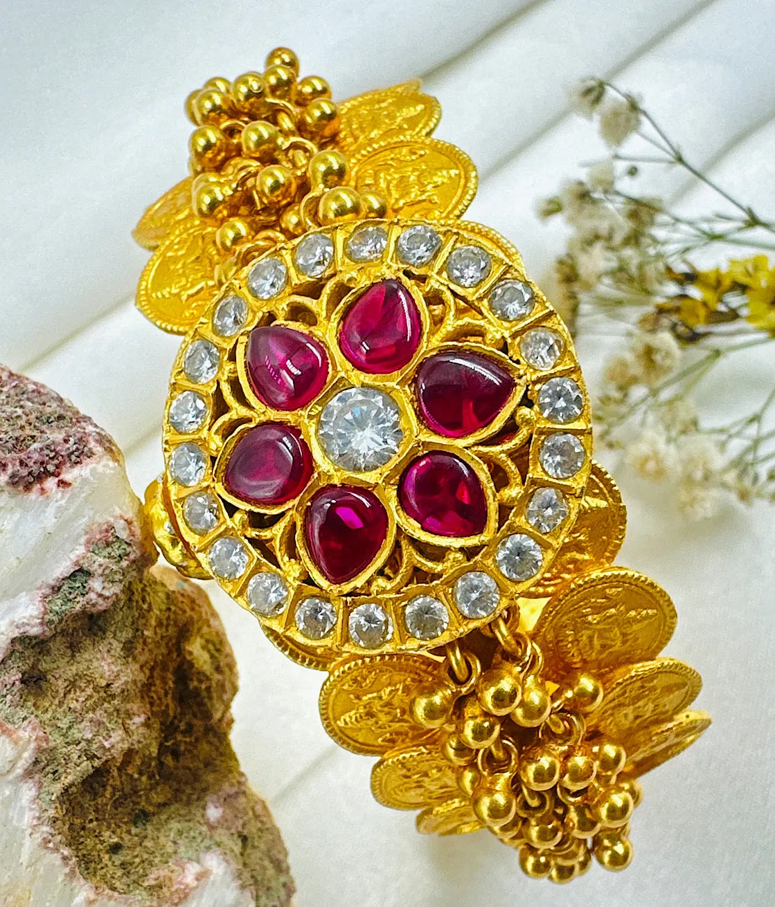 The Gejje Silver Coin Openable Kada Bracelet (Red/White/Size 2.4/2.6/2.8)