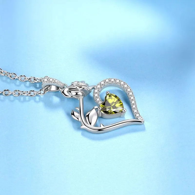 Tokyo Mart August Peridot Necklace Women Heart Birthstone Pendant Flower Rose Jewelry Birthday Gifts