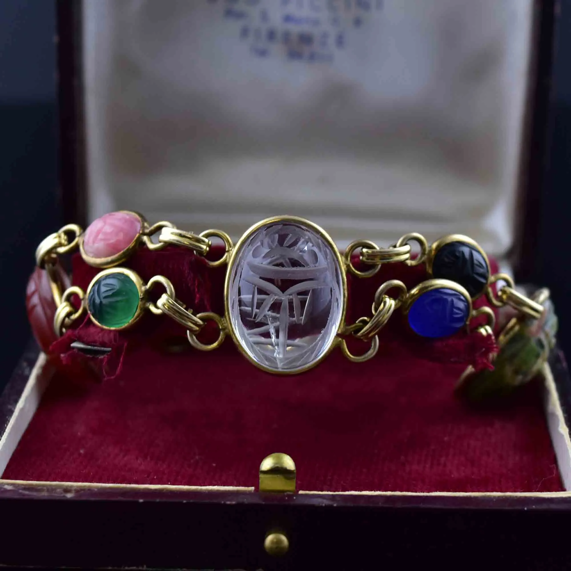 Vintage 12K Gold Fill Gemstone Beetle Bug Scarab Bracelet