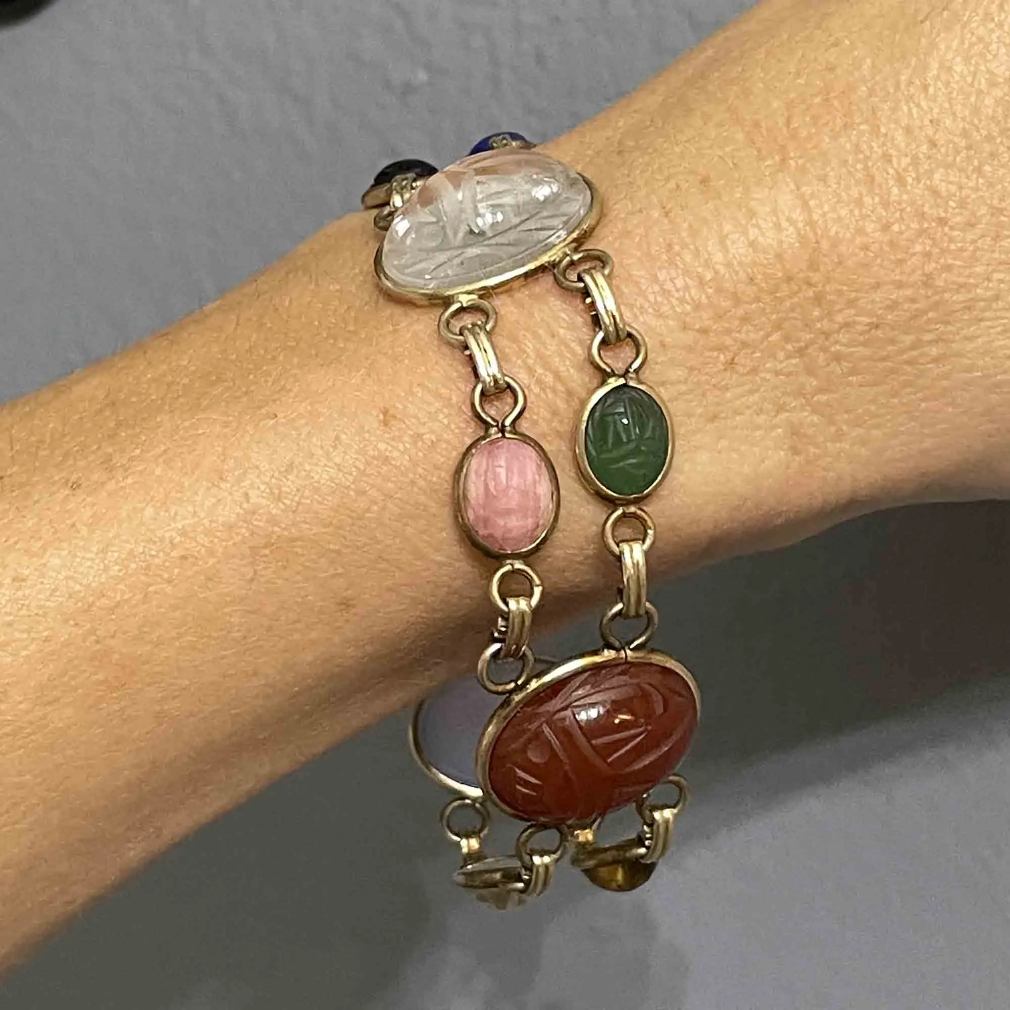 Vintage 12K Gold Fill Gemstone Beetle Bug Scarab Bracelet