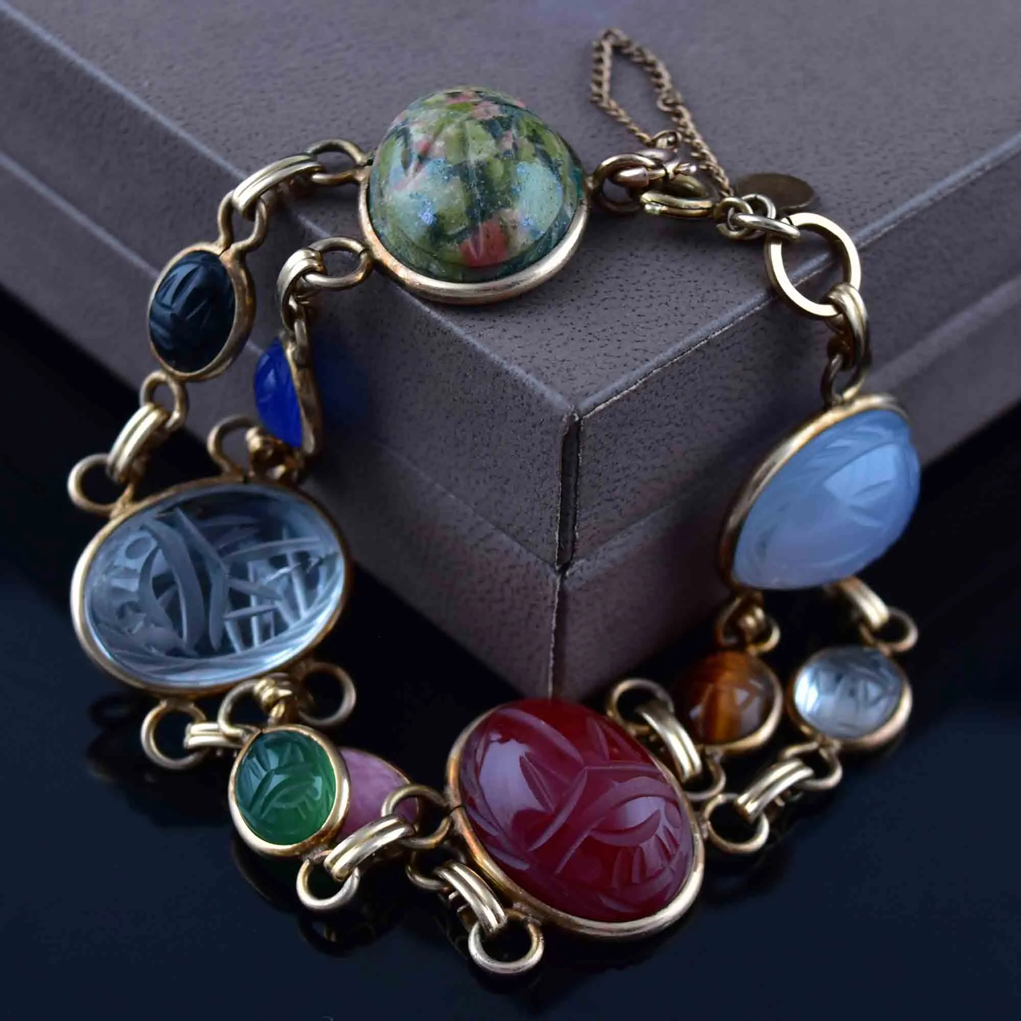 Vintage 12K Gold Fill Gemstone Beetle Bug Scarab Bracelet