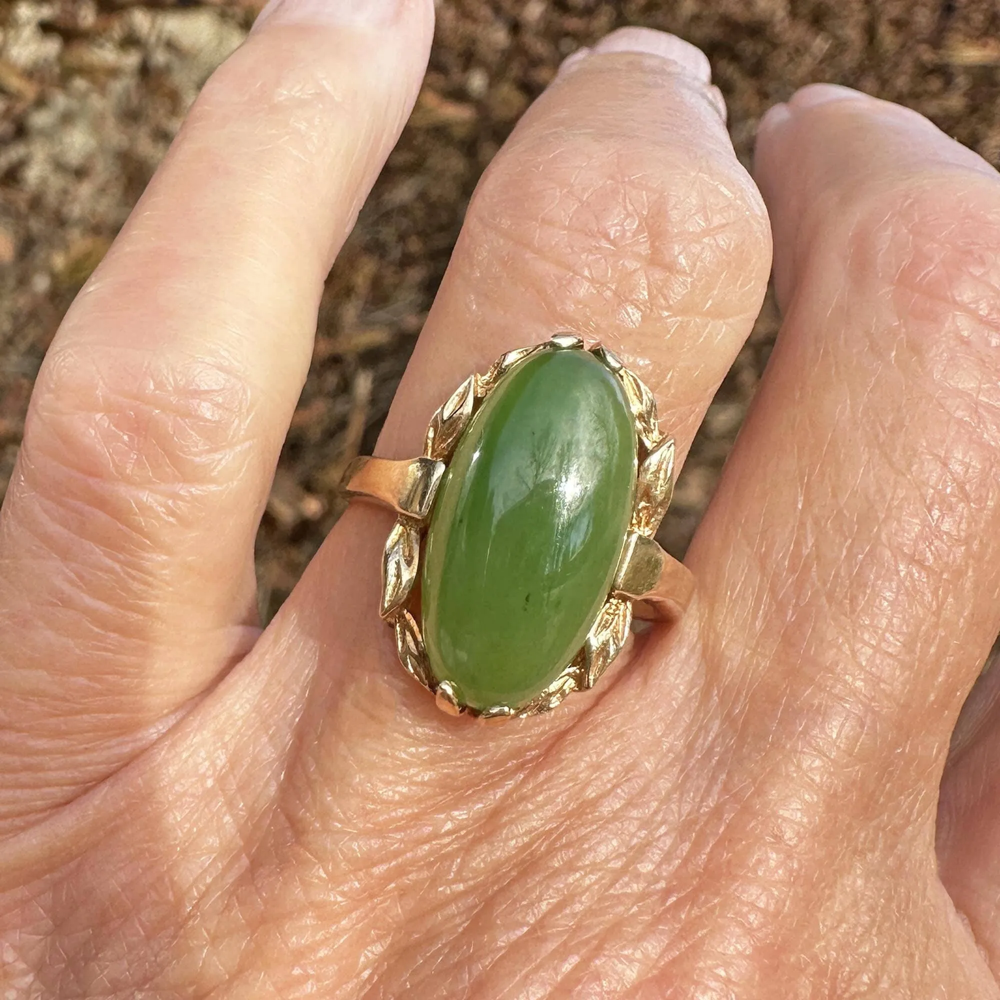 Vintage Gold Leaf Oval Natural Jade Cabochon Ring