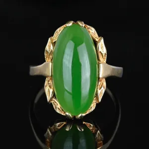 Vintage Gold Leaf Oval Natural Jade Cabochon Ring