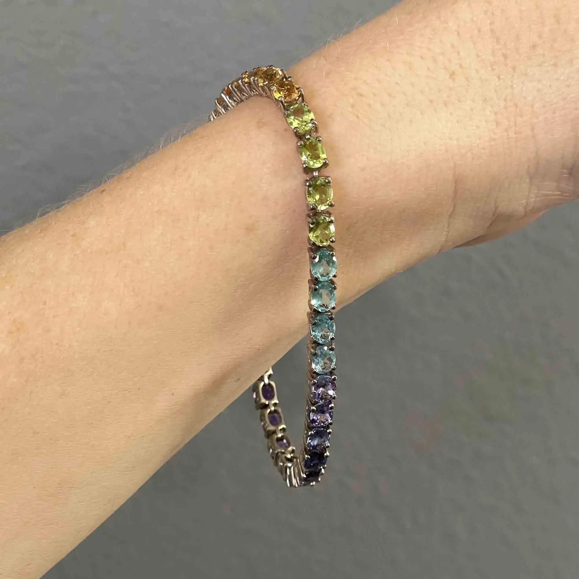 Vintage Silver Rainbow Gemstone Art Deco Style Tennis Bracelet