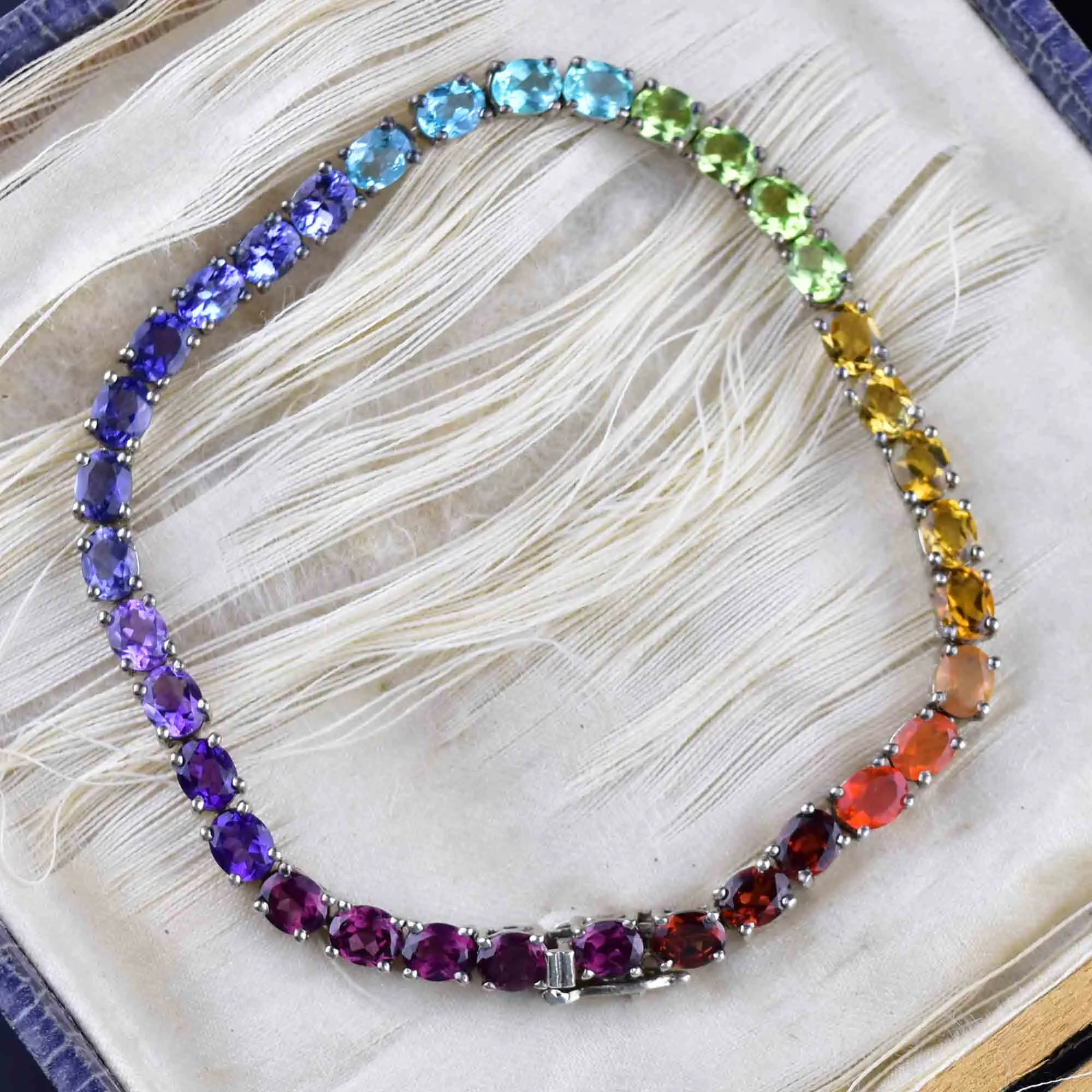 Vintage Silver Rainbow Gemstone Art Deco Style Tennis Bracelet