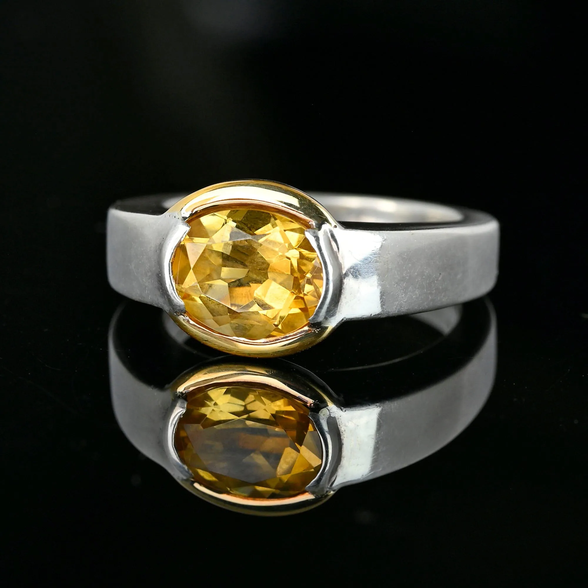 Vintage Wide Band 18K Gold Silver East West Citrine Ring