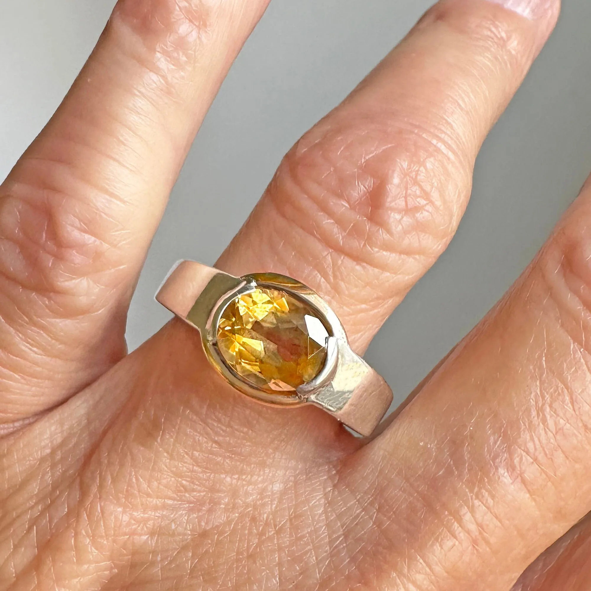 Vintage Wide Band 18K Gold Silver East West Citrine Ring