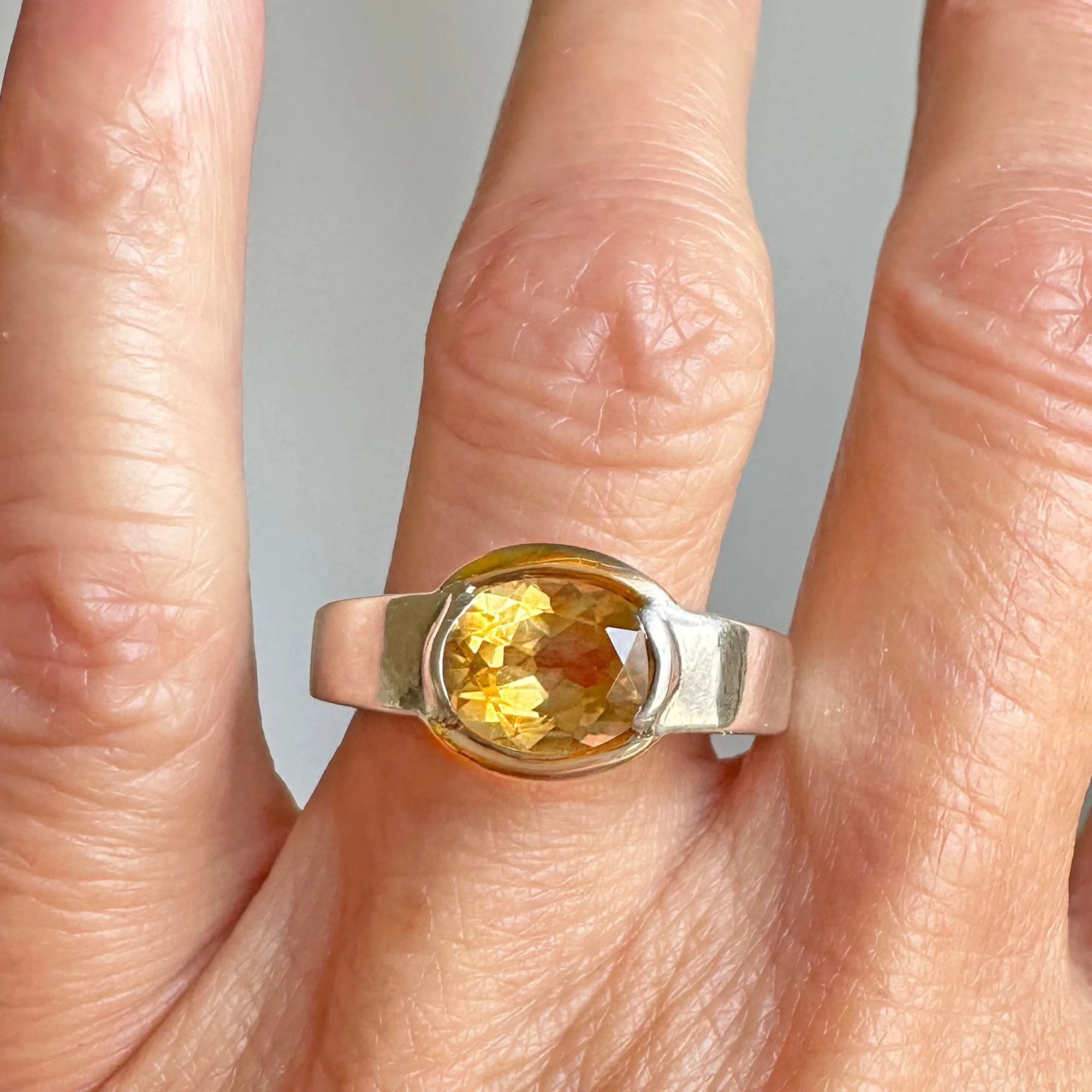 Vintage Wide Band 18K Gold Silver East West Citrine Ring
