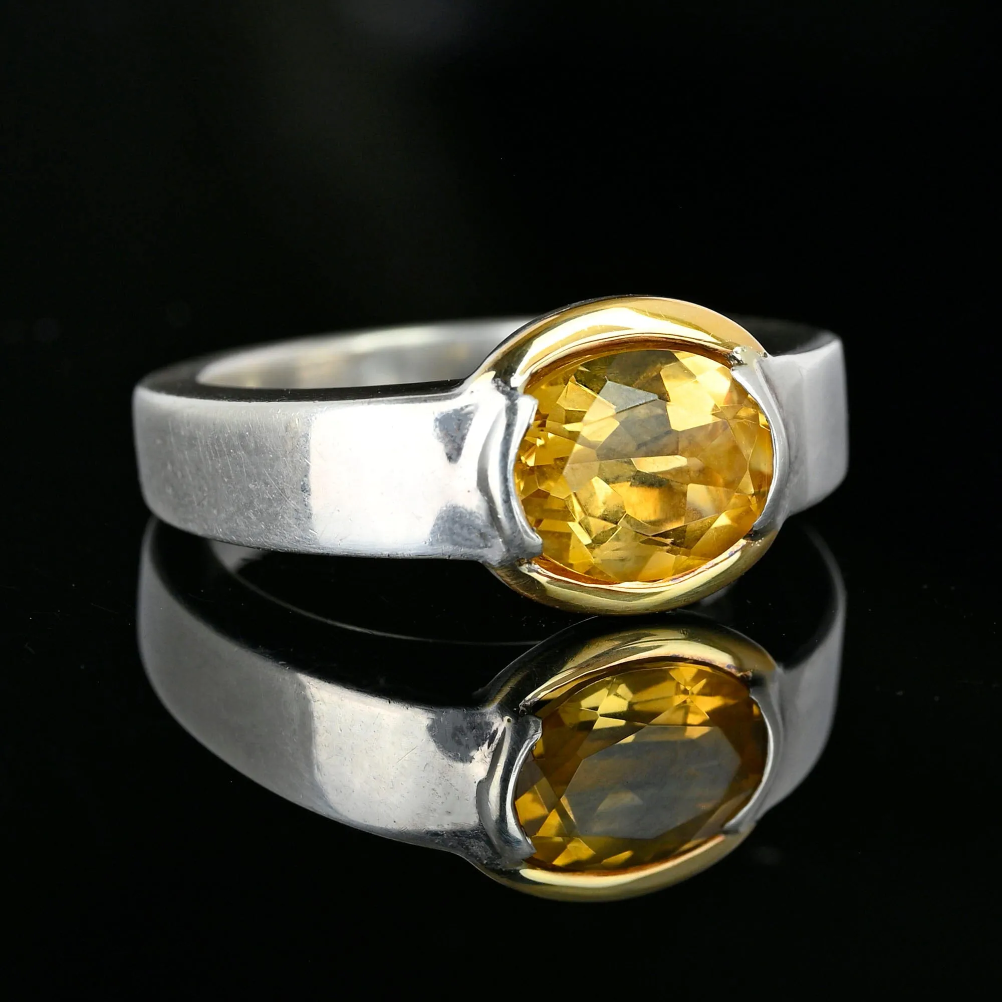 Vintage Wide Band 18K Gold Silver East West Citrine Ring