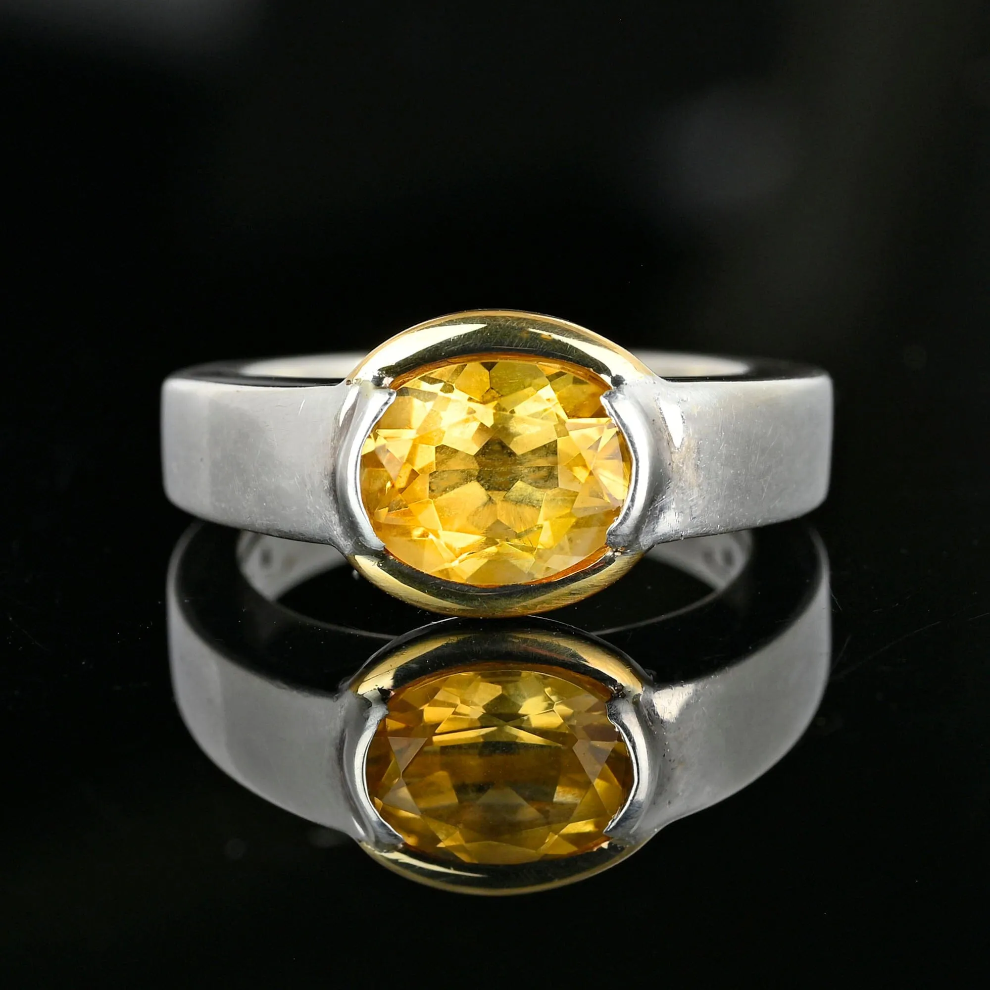 Vintage Wide Band 18K Gold Silver East West Citrine Ring