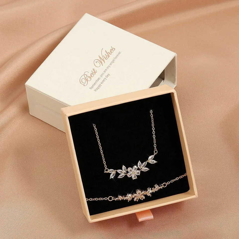 ZAKOL Fashion Shiny Zircon Flower Necklace Bracelet Set for Women Gold Charm Bridal Jewelry Gift