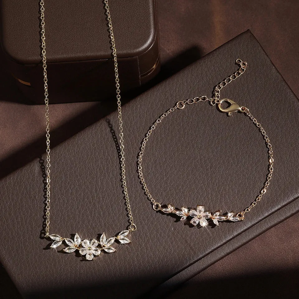 ZAKOL Fashion Shiny Zircon Flower Necklace Bracelet Set for Women Gold Charm Bridal Jewelry Gift