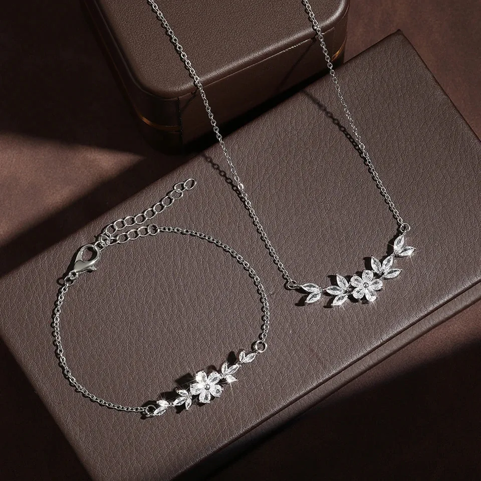 ZAKOL Fashion Shiny Zircon Flower Necklace Bracelet Set for Women Gold Charm Bridal Jewelry Gift