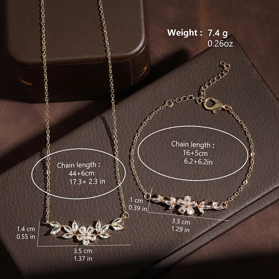 ZAKOL Fashion Shiny Zircon Flower Necklace Bracelet Set for Women Gold Charm Bridal Jewelry Gift