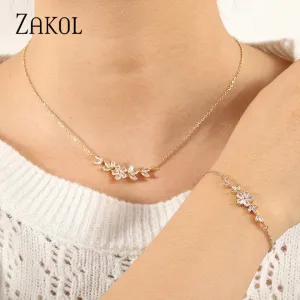 ZAKOL Fashion Shiny Zircon Flower Necklace Bracelet Set for Women Gold Charm Bridal Jewelry Gift