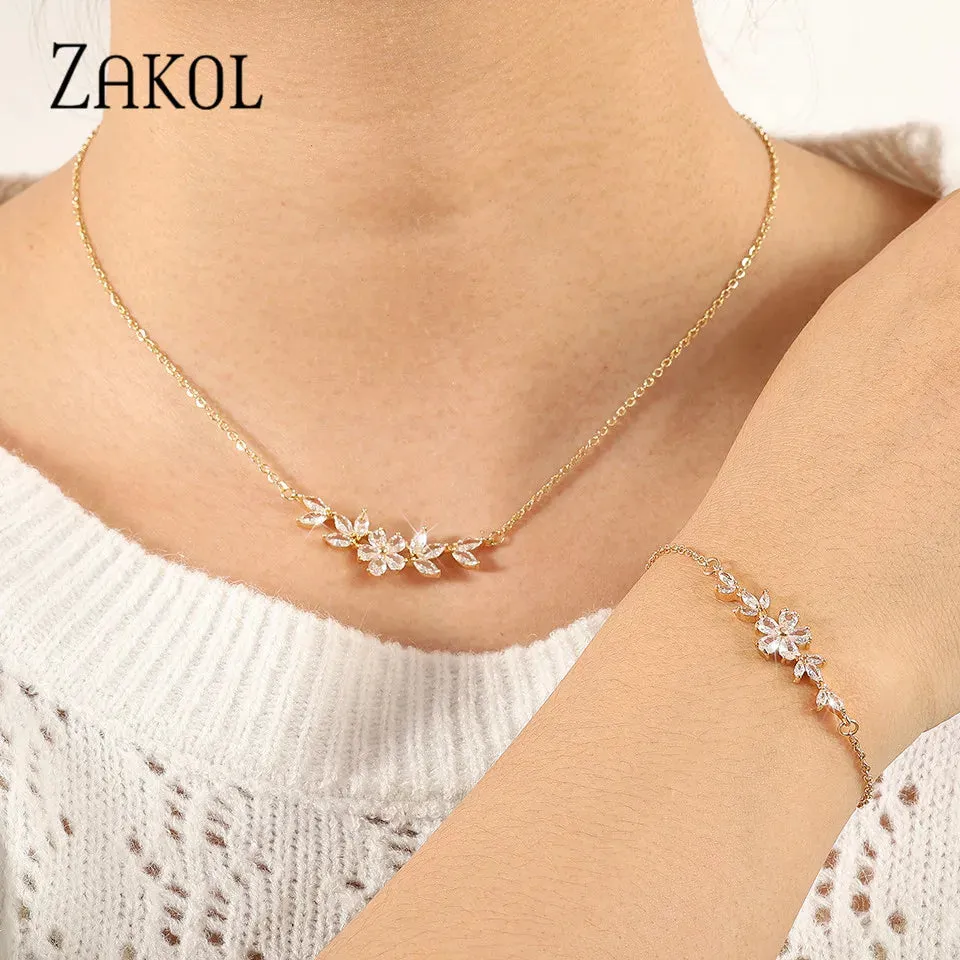 ZAKOL Fashion Shiny Zircon Flower Necklace Bracelet Set for Women Gold Charm Bridal Jewelry Gift
