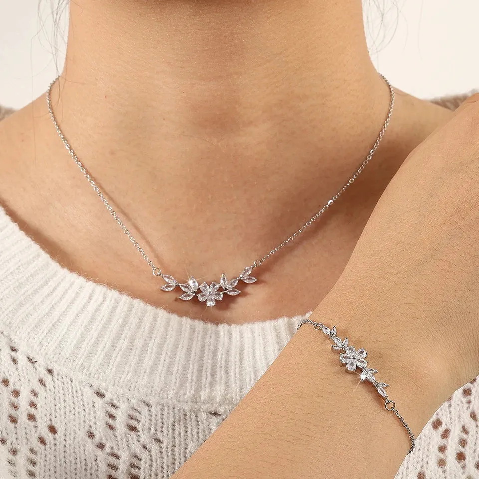 ZAKOL Fashion Shiny Zircon Flower Necklace Bracelet Set for Women Gold Charm Bridal Jewelry Gift