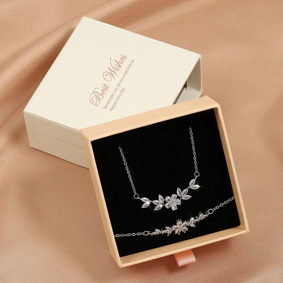 ZAKOL Fashion Shiny Zircon Flower Necklace Bracelet Set for Women Gold Charm Bridal Jewelry Gift